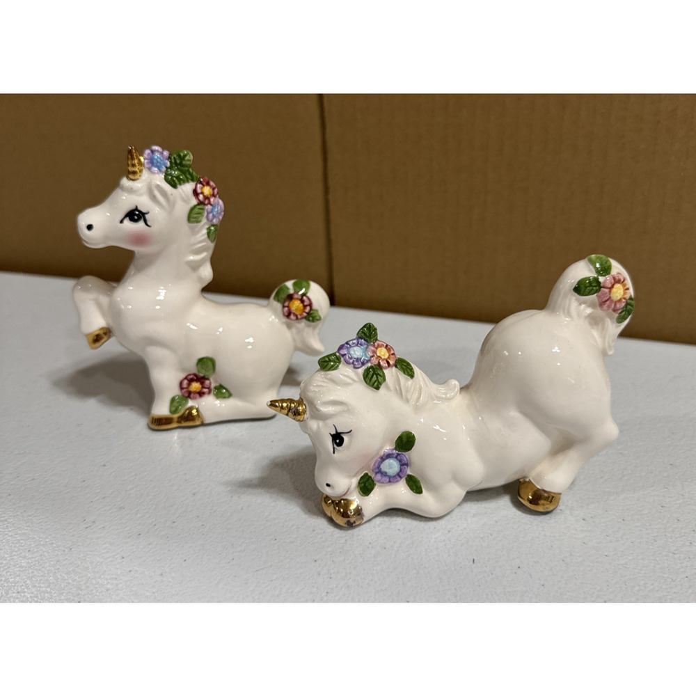 VTG Loomco 1991 Unicorn Figurines White Ceramic Flowers & Gold Horn Lot of 2